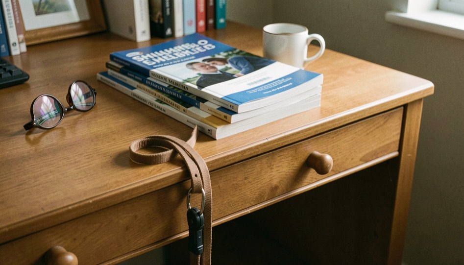 A desk with a printed stack of shelter handbooks, a mug and reading glasses, a dog lead hanging from the drawer handle