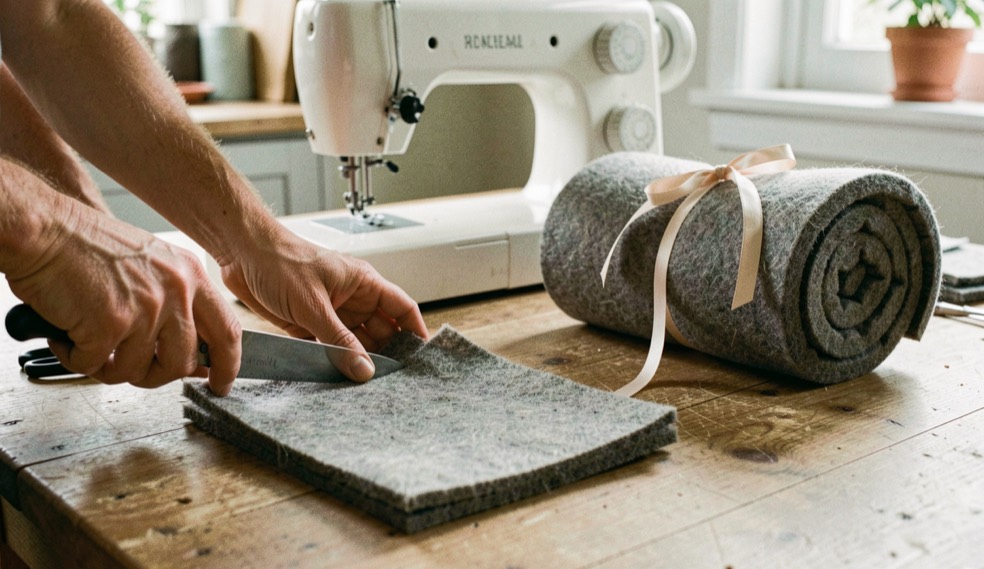 Hands cutting fleece squares on a kitchen table, a sewing machine behind, a finished rolled kennel mat tied with ribbon