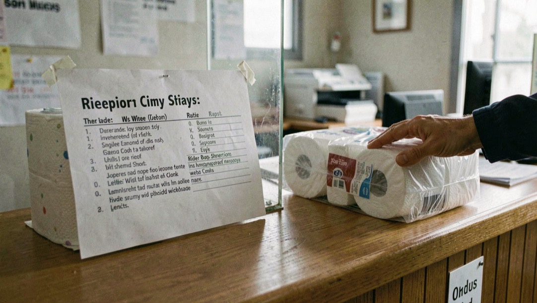 A printed wish list taped to a shelter reception counter, a hand placing a pack of paper towels on the desk beside it