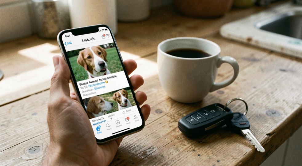 A phone held in one hand shows a shelter dog adoption profile, beside a coffee cup and car keys on a wooden kitchen counter in morning light
