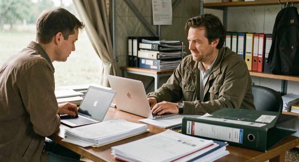A person with a laptop sitting with a shelter manager at a desk covered in intake forms and ring binders